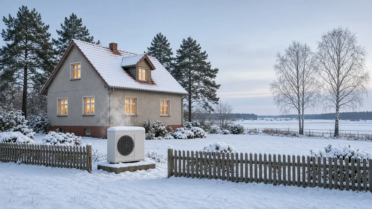 Wärmepumpe im Schnee vor einem älteren Siedlungshaus mit Satteldach in Herzberg (Elster)